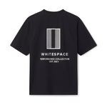 ultra-soft, preshrunk cotton jersey. Image of WHITESPACE Premium Tee in black on white background. Back.