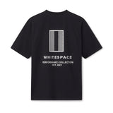 ultra-soft, preshrunk cotton jersey. Image of WHITESPACE Premium Tee in black on white background. Back.