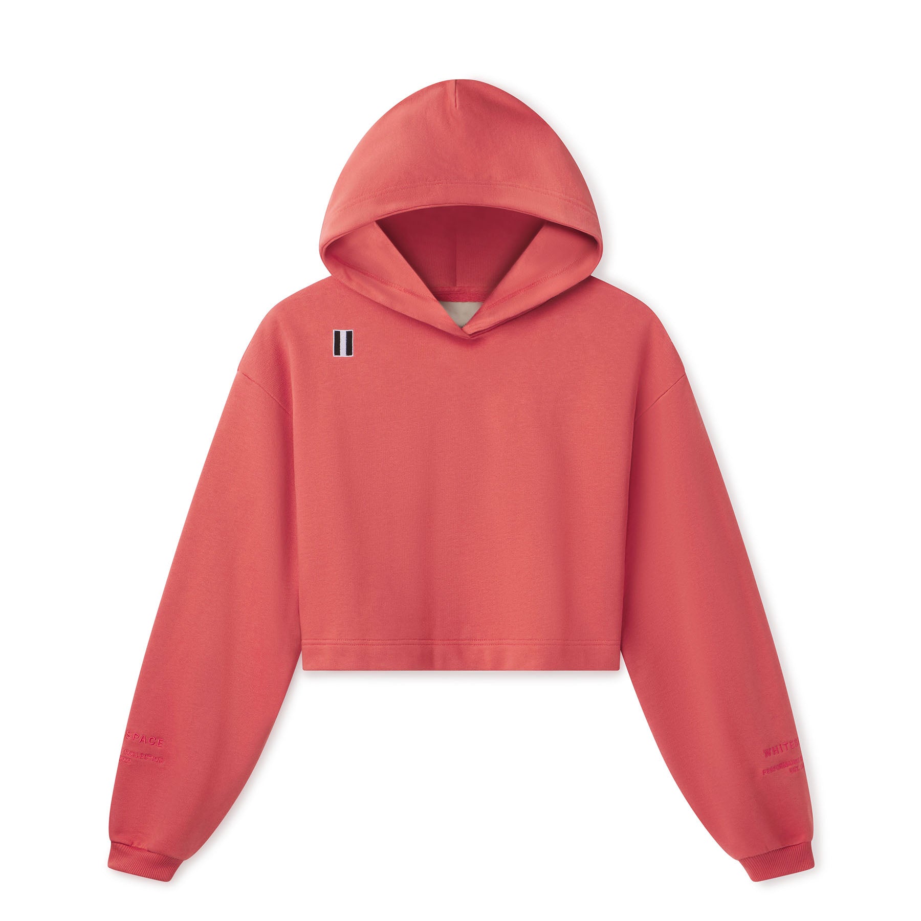 Women's Apparel. Tailored layers with softness, strength, and minimalist design. Image of WHITESPACE Cropped Hoodie, mineral red color