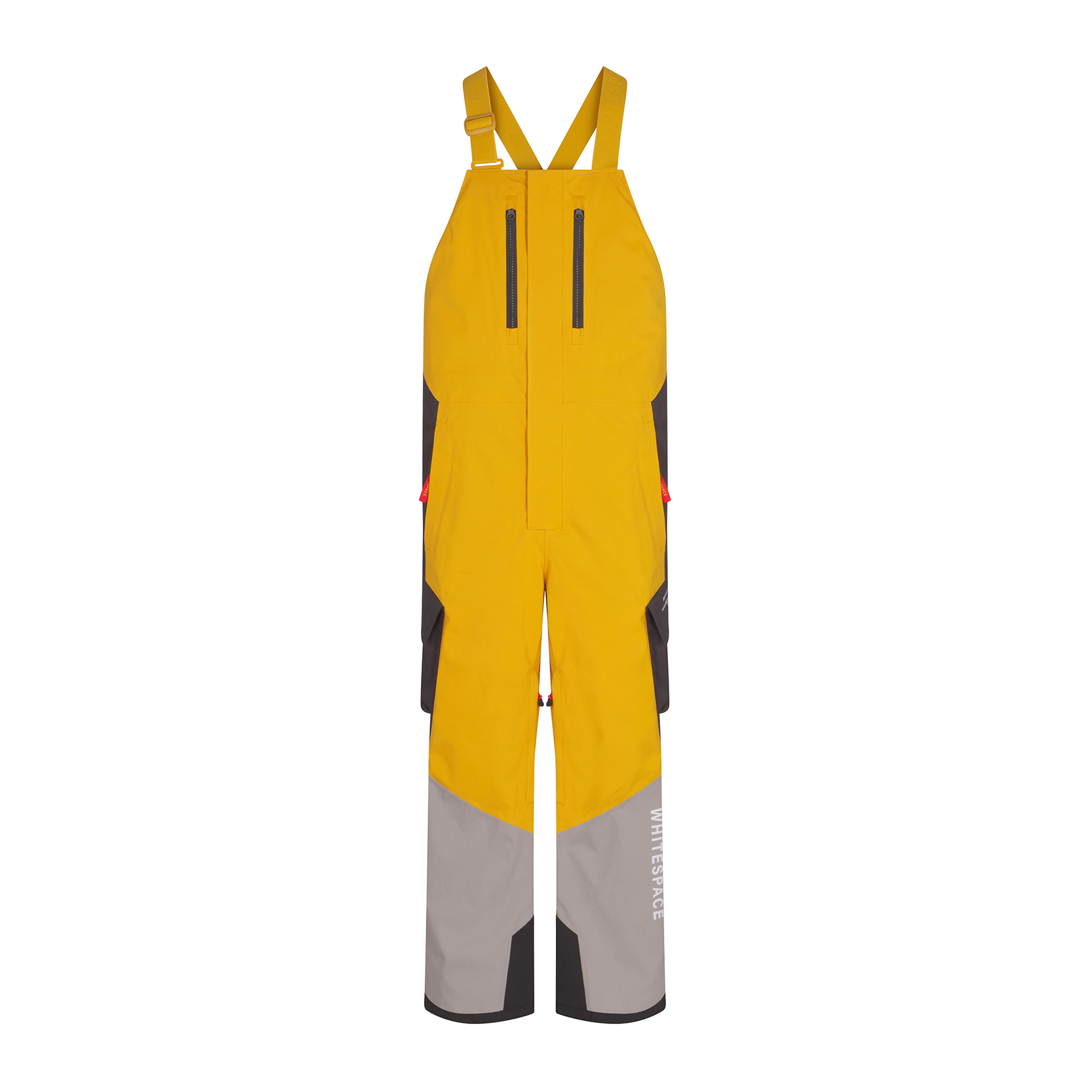 Yellow ski bib with suspenders and gray accents on a white background