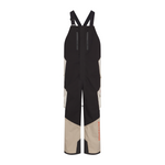 Black and beige ski bib pants with suspenders on a white background