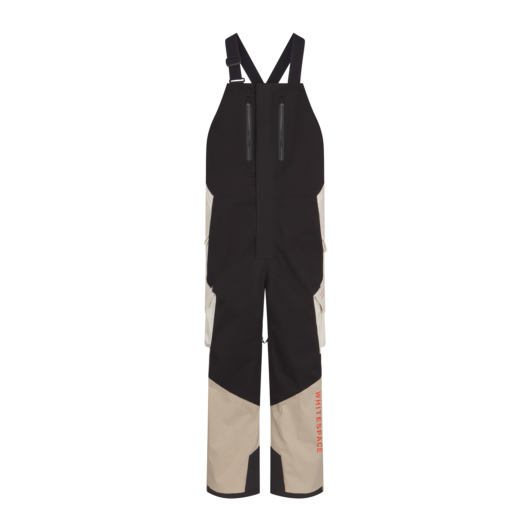 Black and beige ski bib pants with suspenders on a white background