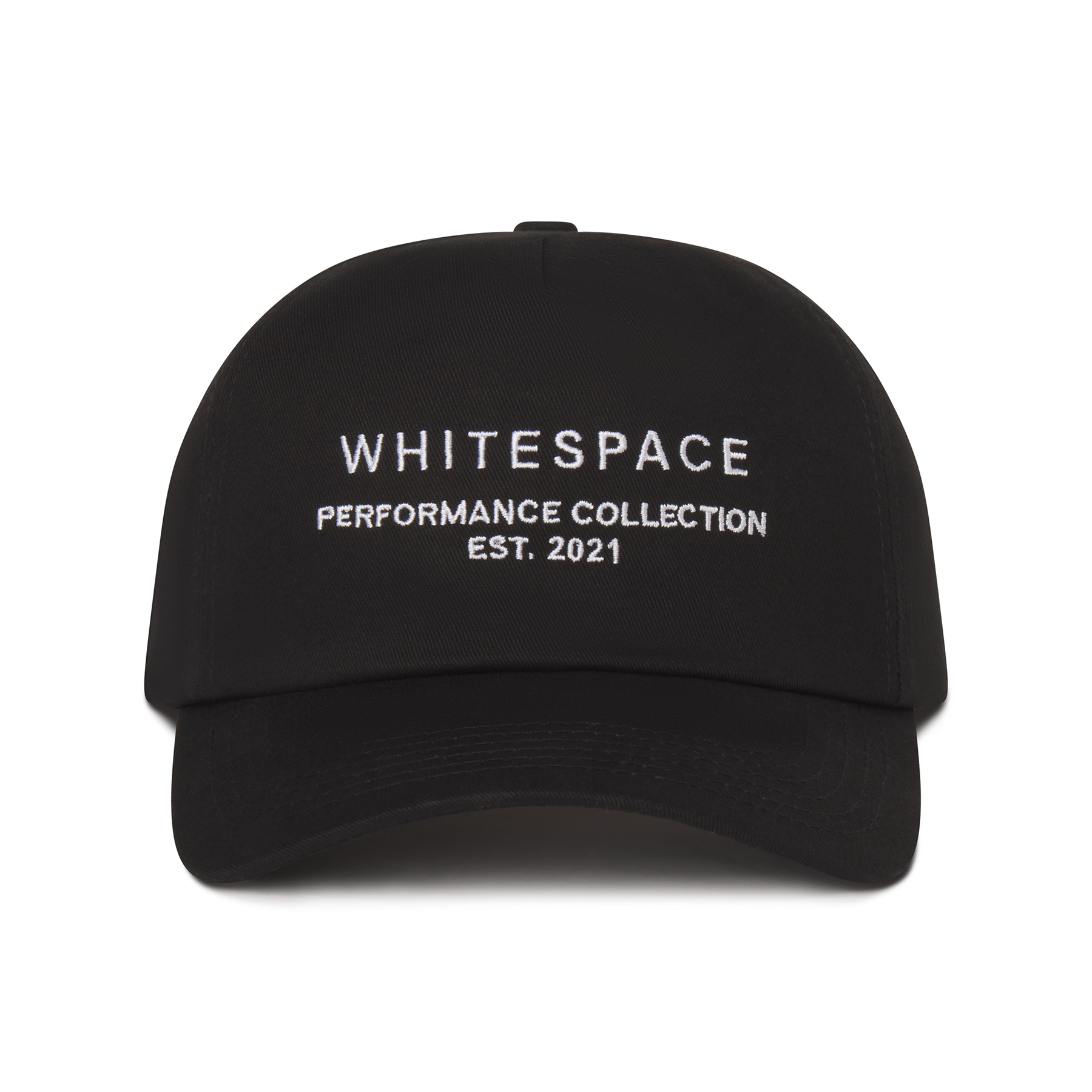 Black cap with 'WHITESPACE PERFORMANCE COLLECTION EST. 2021' text on a white background