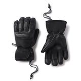 Pair of black leather gloves with brand logo on a white background.
