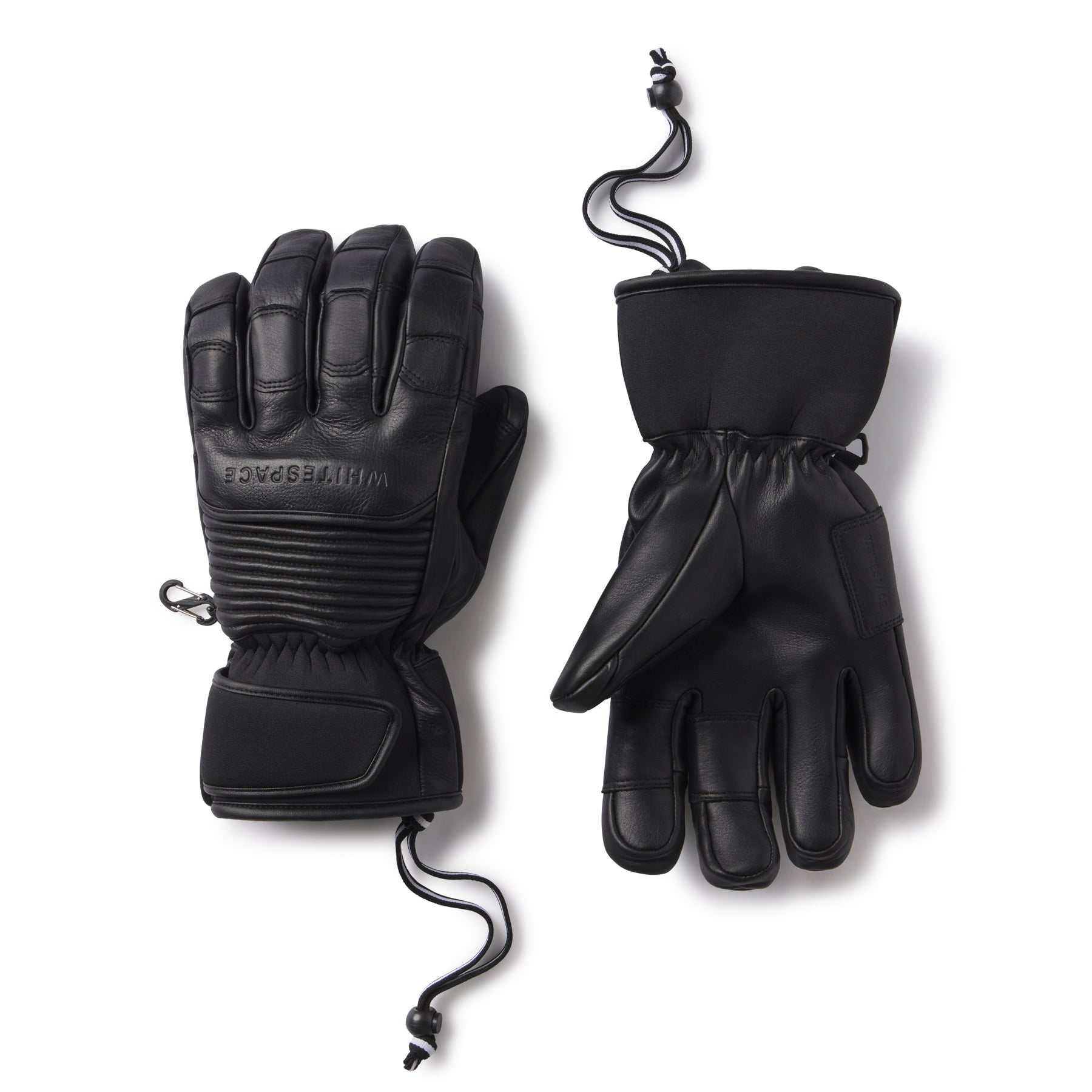 Pair of black leather gloves with brand logo on a white background.