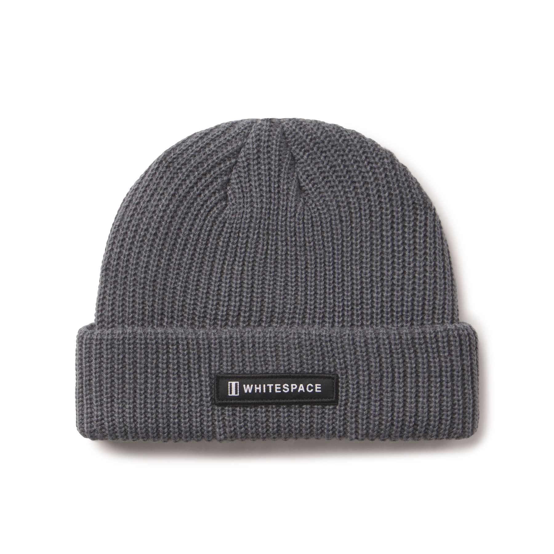 Gray knit beanie with a 'Whitespace' label on a white background