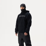 Model wearing black Whitespace Block Hoodie and a black balaclava on a white background