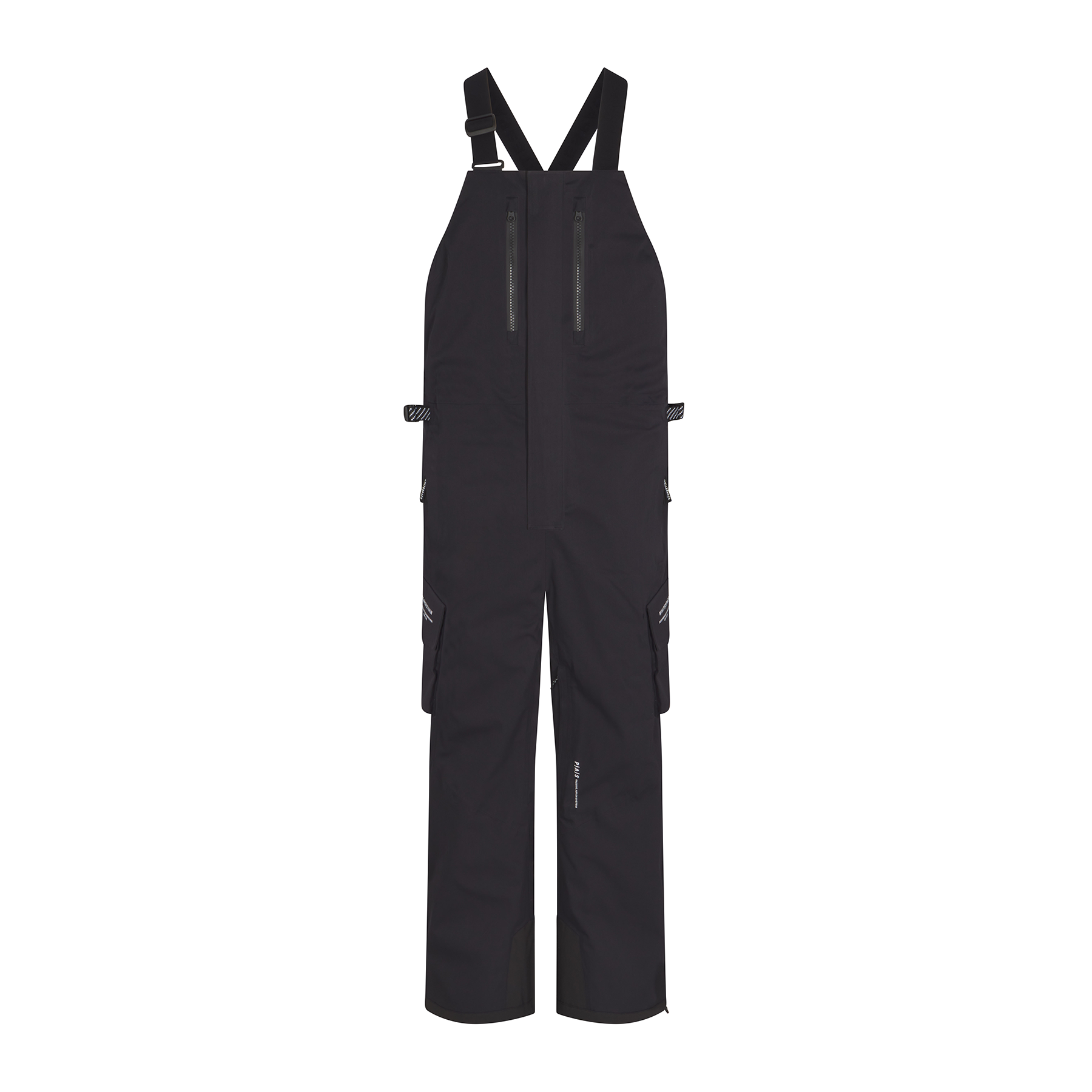 Black bib ski overalls on a white background
