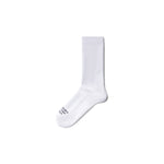 White sock with text across toe, on a white background