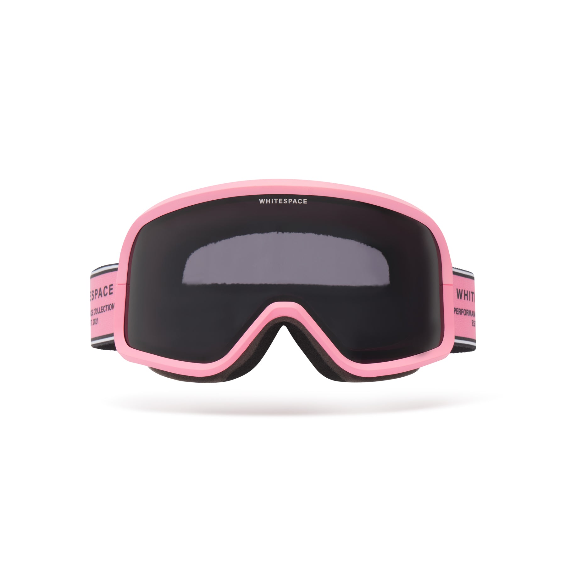 Dark tinted goggles in Pink Icing colorway with 'Whitespace' branding from a frontal view on a white background.
