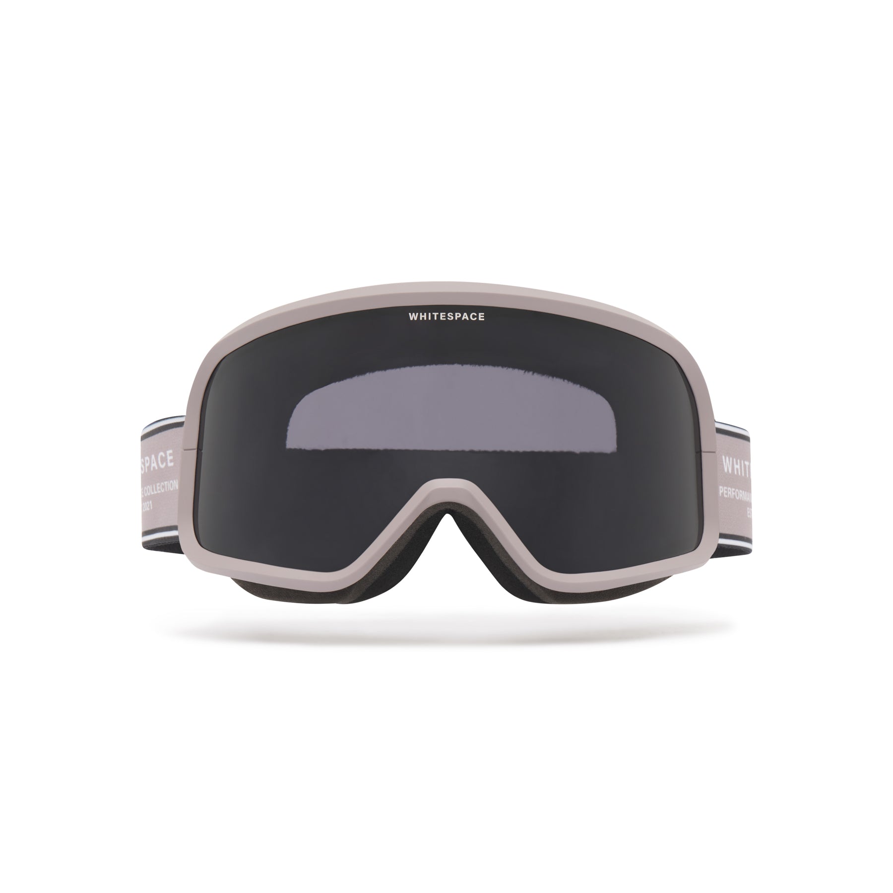Dark tinted goggles in RockRidge Granite colorway with 'Whitespace' branding from a frontal view on a white background.