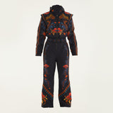 Flat lay of Farm Rio Black Macaw jumpsuit, a black jumpsuit with orange and blue floral designs, on a white background.