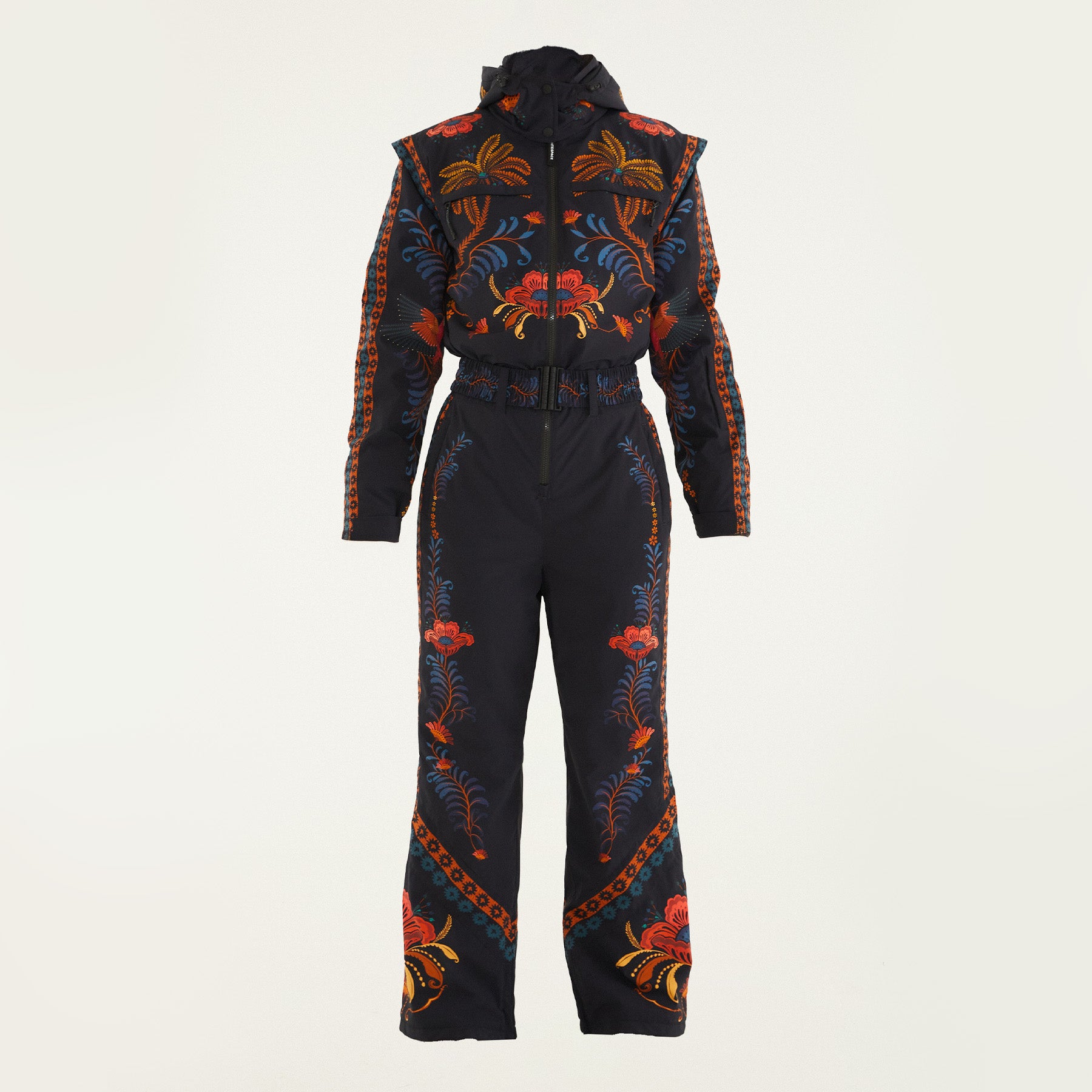 Flat lay of Farm Rio Black Macaw jumpsuit, a black jumpsuit with orange and blue floral designs, on a white background.