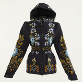 Flat lay photo of Farm Rio Garden belted jacket, a black jacket with blue, orange and white flower design, on a white background.