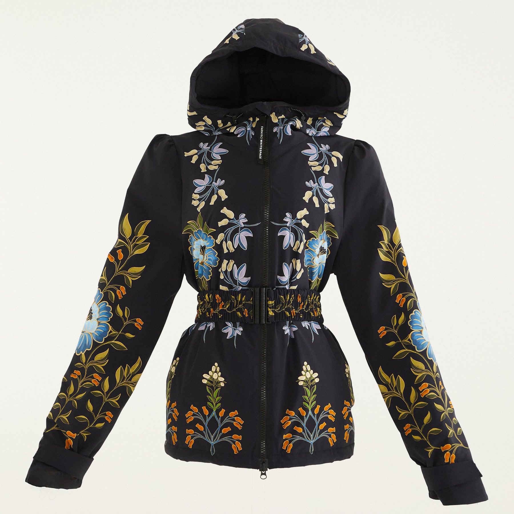 Flat lay photo of Farm Rio Garden belted jacket, a black jacket with blue, orange and white flower design, on a white background.