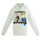 Light blue hoodie with 'Farm Rio/ WHITESPACE graphic design of Toucan and mountian on a white background