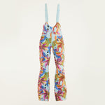 Flat lay of Farm Rio Macaw riding bib pants, light blue colored bibs with blue macaws and tropical leaves over the entire pants, on a white background.