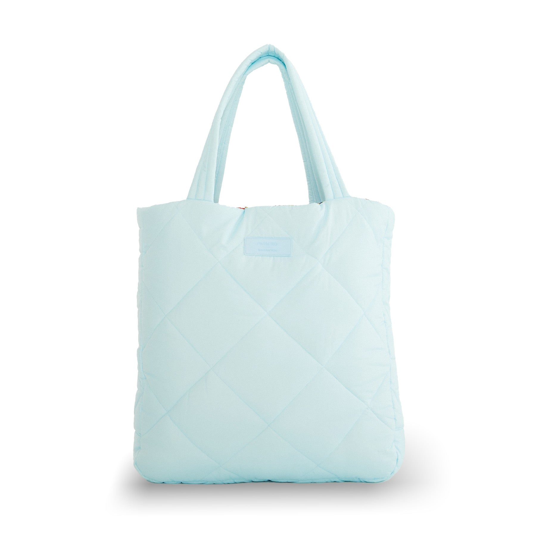 Light blue quilted Farm Rio/WHITESPACE tote bag on a white background