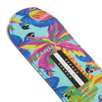 Farm Rio/WHITESPACE colorful snowboard with parrot design on a white background.