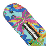 Farm Rio/WHITESPACE colorful snowboard with parrot design on a white background.