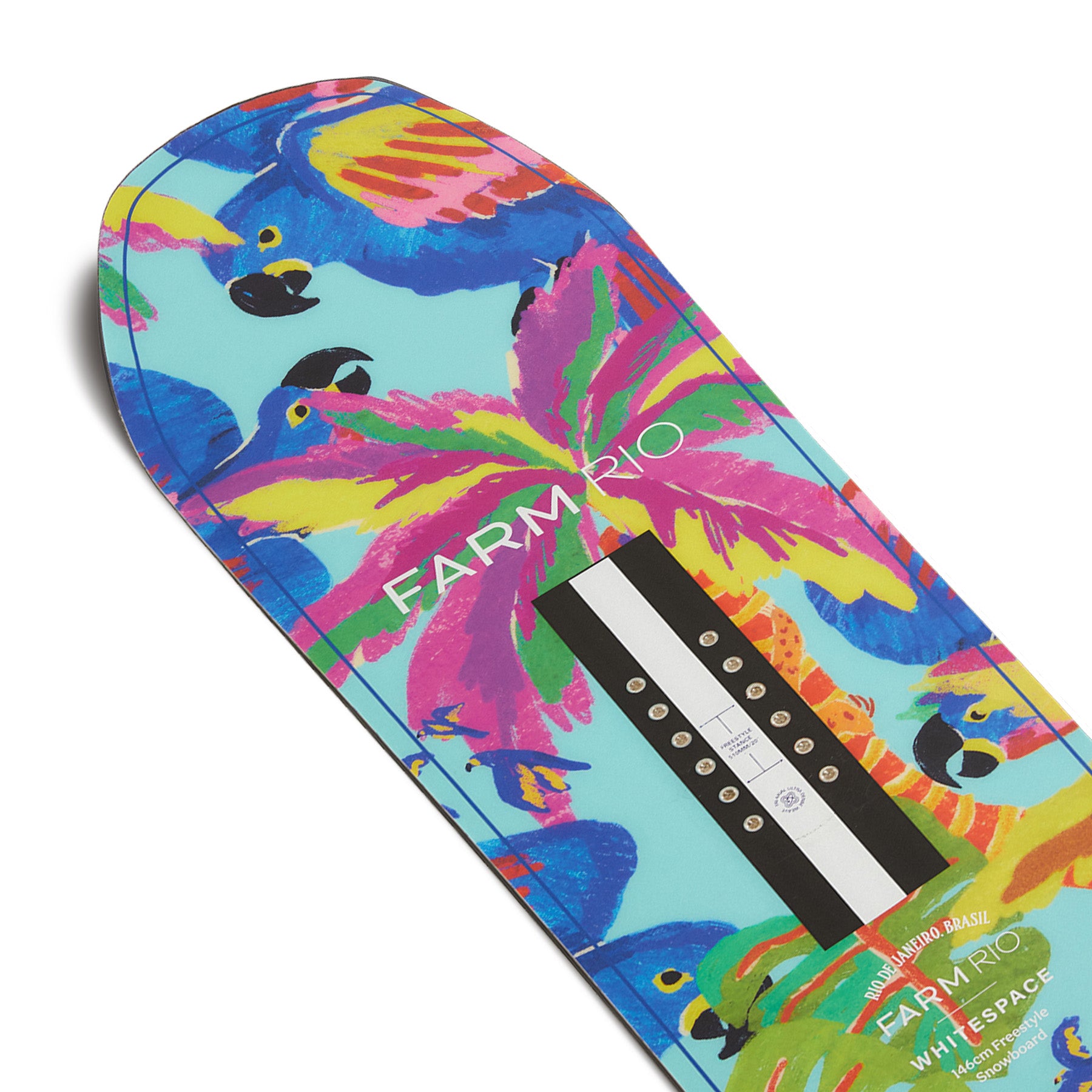 Farm Rio/WHITESPACE colorful snowboard with parrot design on a white background.