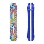 Farm Rio/WHITESPACE colorful snowboard with parrot design and the back showing blue with a white stripe on a white background.