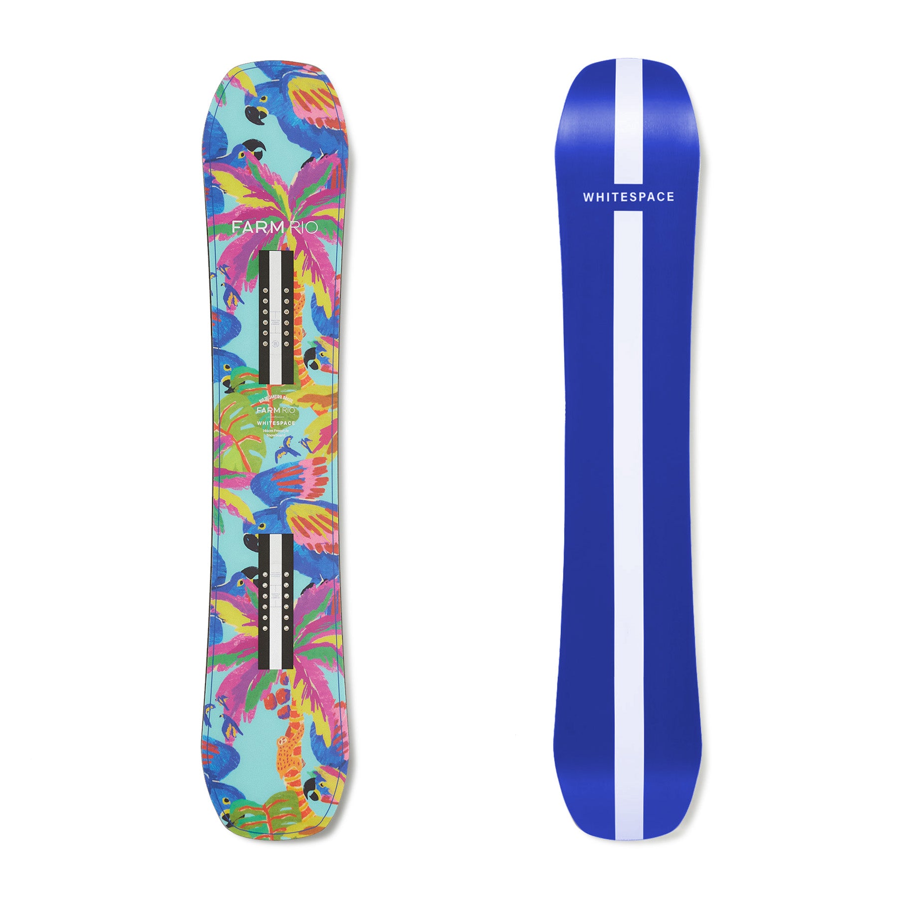 Farm Rio/WHITESPACE colorful snowboard with parrot design and the back showing blue with a white stripe on a white background.