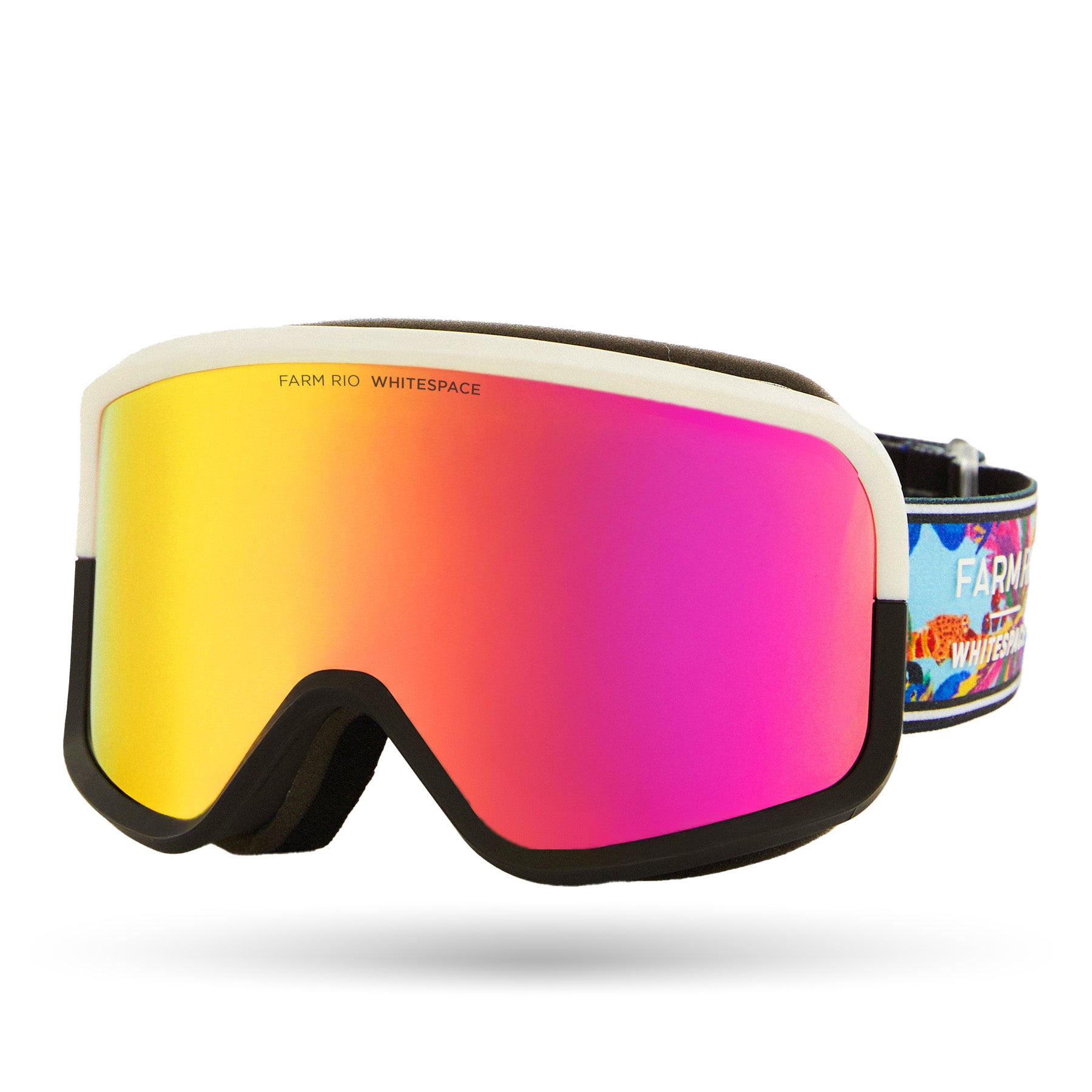 Dual tone ski goggles with colorful strap featuring 'Farm Rio/WHITESPACE' branding on a white background