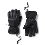 Pair of black leather gloves with brand logo on a white background.