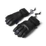 Pair of black leather gloves with a brand logo on a white background