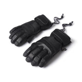 Pair of black leather gloves with a brand logo on a white background