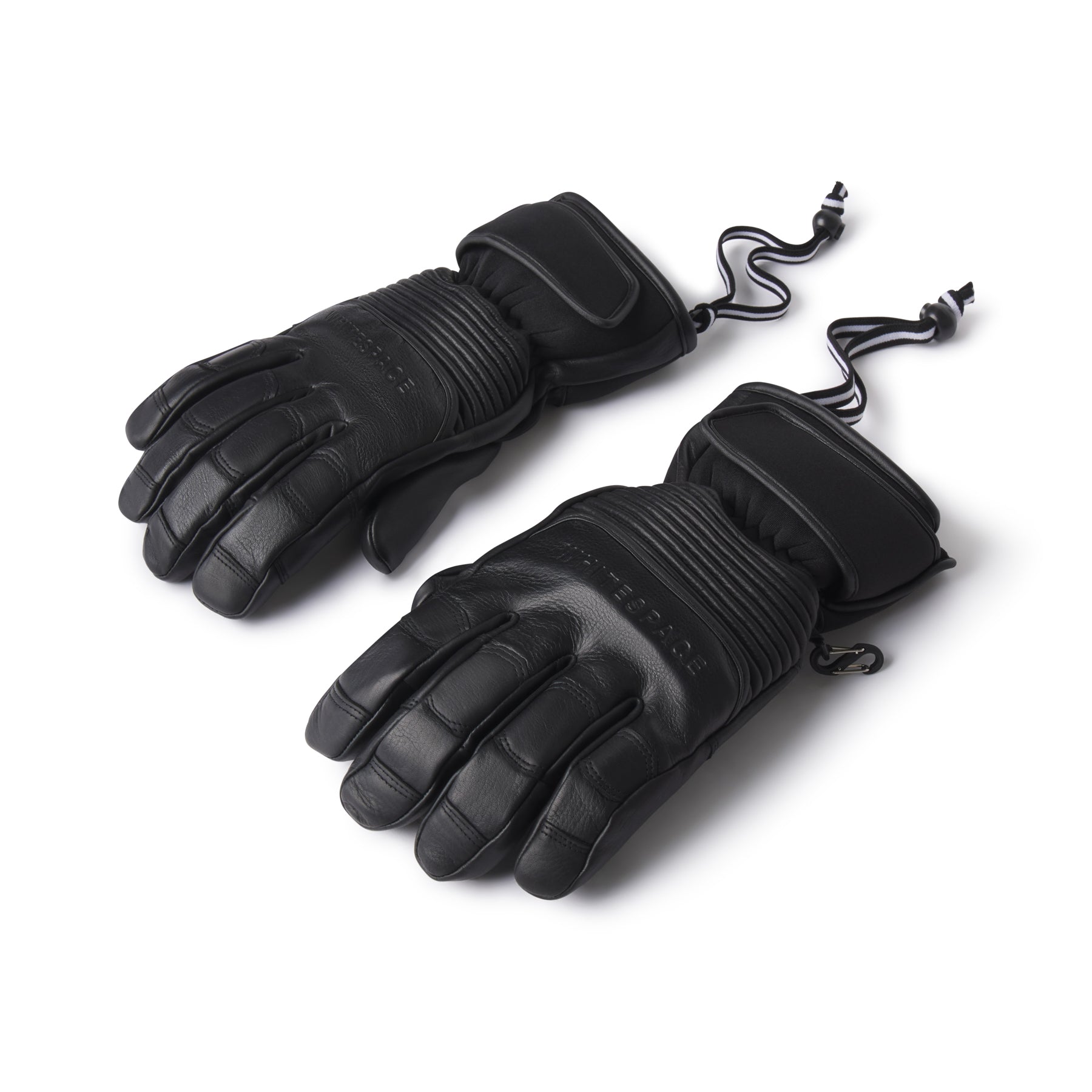 Pair of black leather gloves with a brand logo on a white background