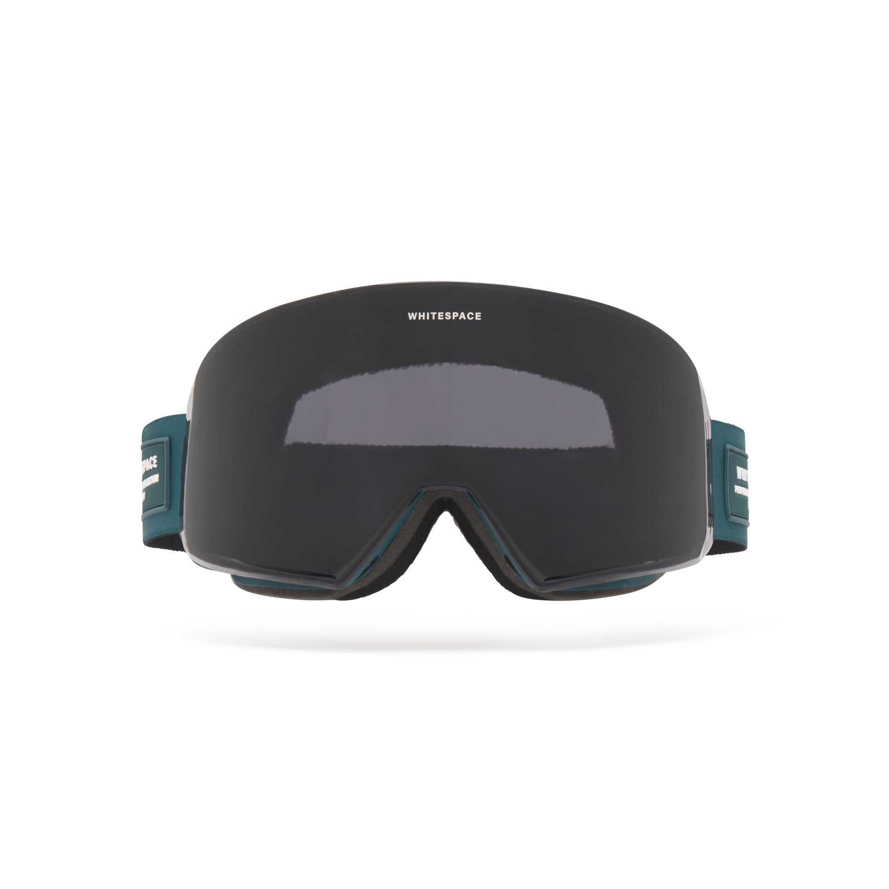Dark tinted ski goggles with deep blue strap featuring 'Whitespace' branding on a white background, from a frontal view.
