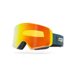 Ski goggles with orange lens and black strap showing brand logo on a white background.