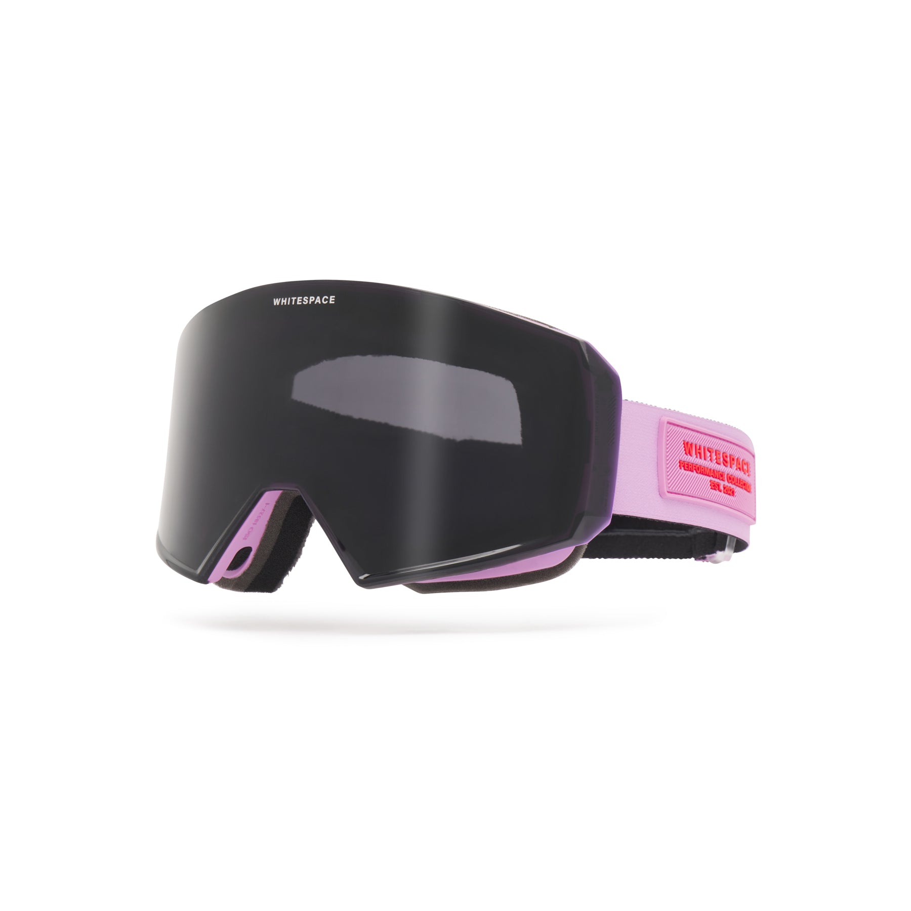 Black tinted goggles with lilac strap on a white background.