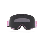 Lilac ski goggles with black lens on a white background from a frontal view.