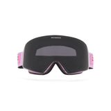 Lilac ski goggles with black lens on a white background from a frontal view.