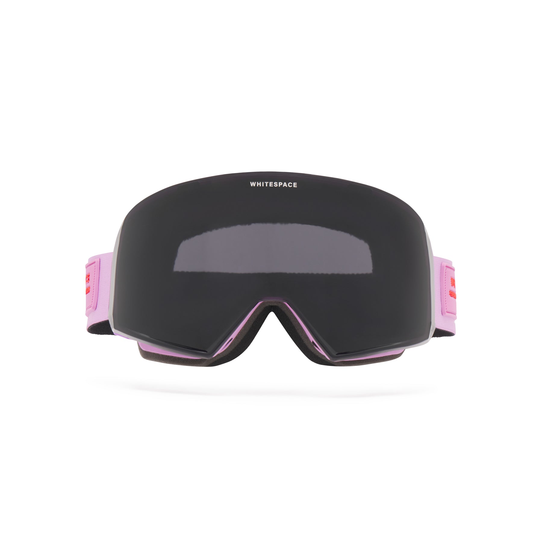 Lilac ski goggles with black lens on a white background from a frontal view.