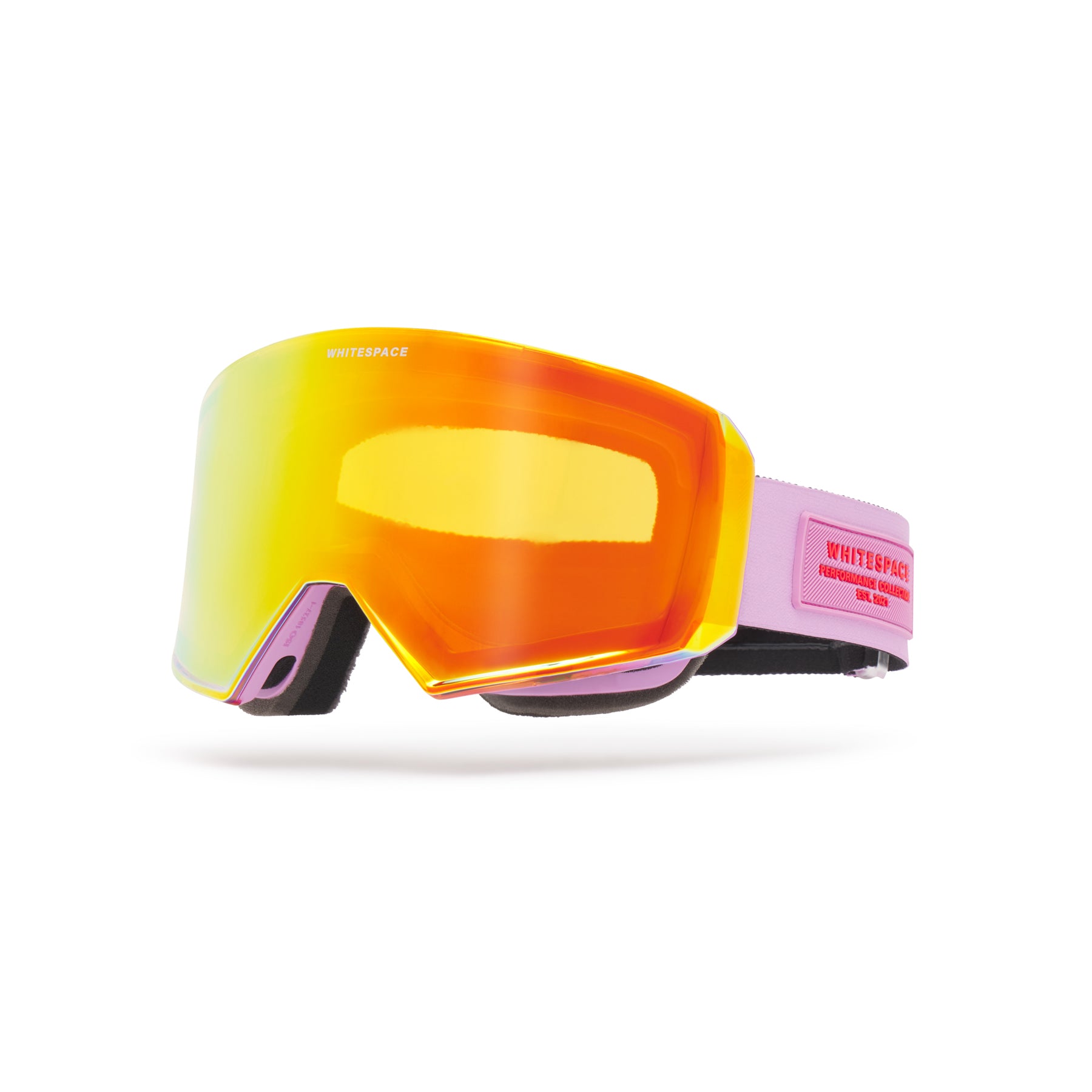 Orange lensed ski goggles with lilac strap showing brand logo on a white background.