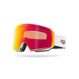 Ski goggles with red and orange lens and white frame on a white background.