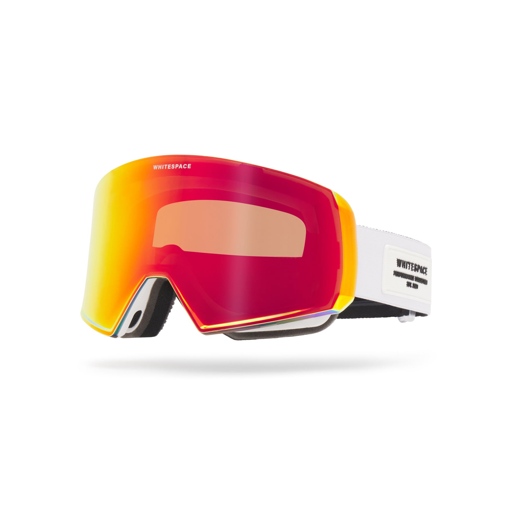 Ski goggles with red and orange lens and white frame on a white background.