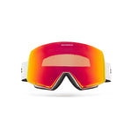 Red and orange lensed goggles with white strap from a frontal view on a white background.