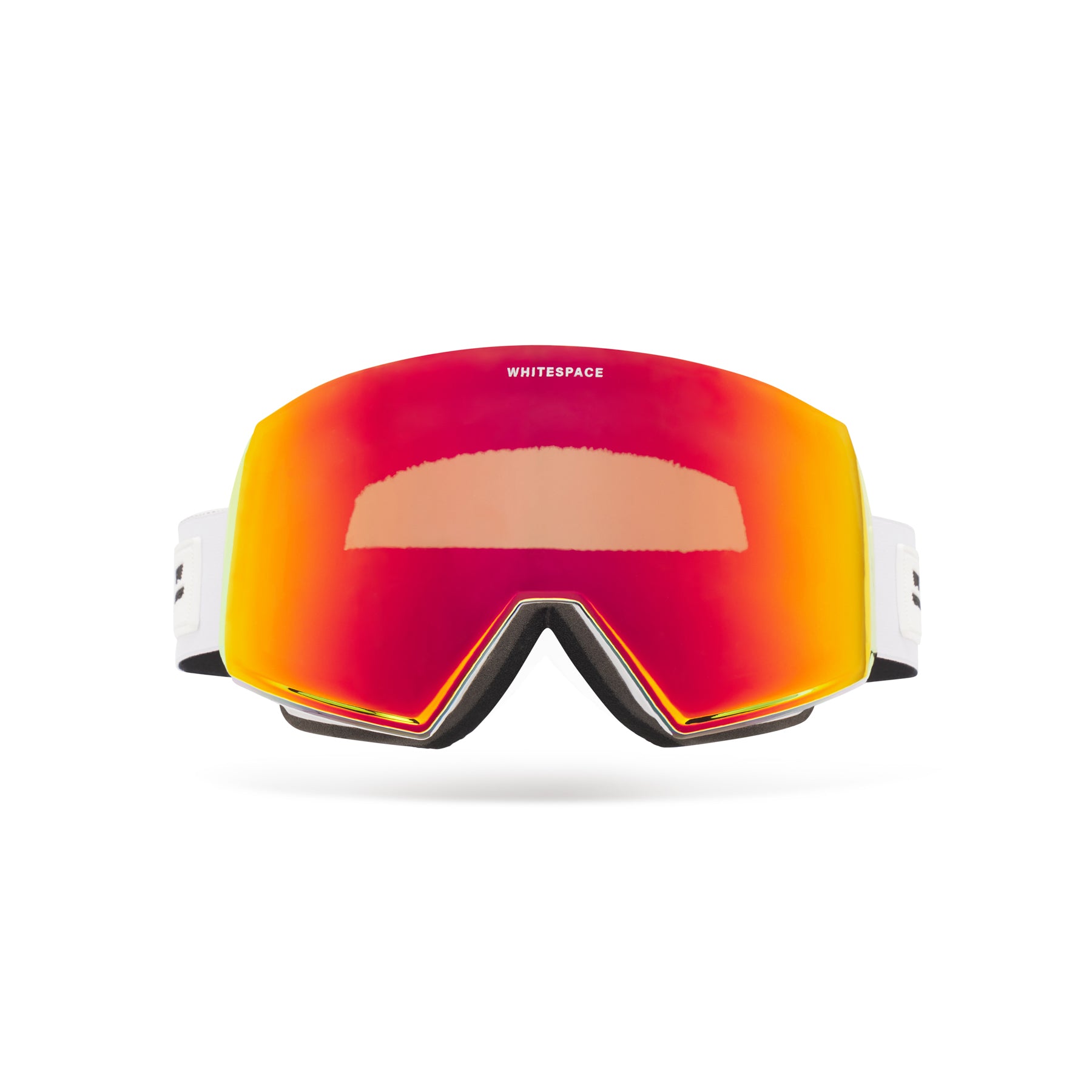 Red and orange lensed goggles with white strap from a frontal view on a white background.