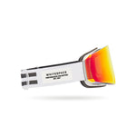 White ski goggles with red and orange lens showing brand logo on a white background.