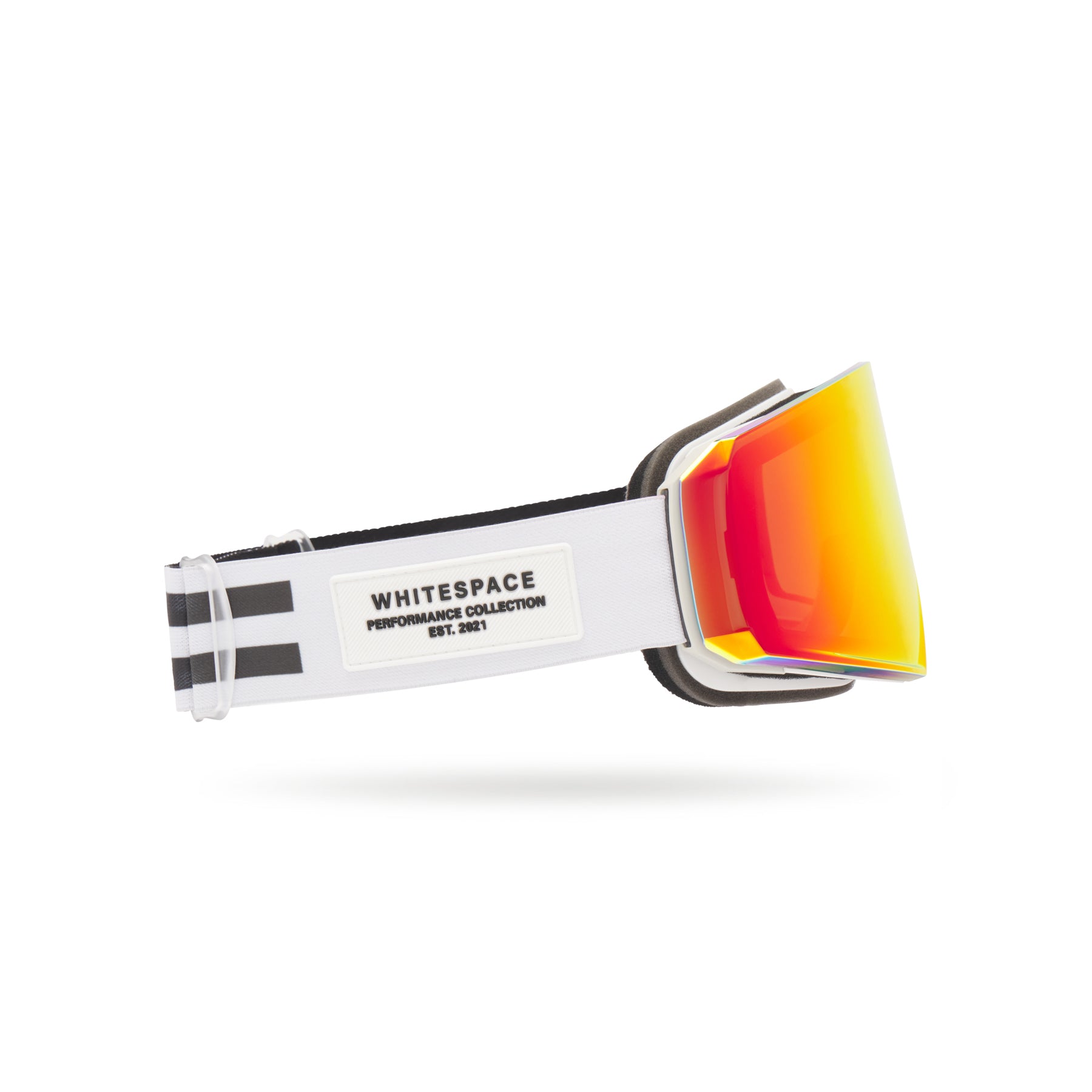 White ski goggles with red and orange lens showing brand logo on a white background.