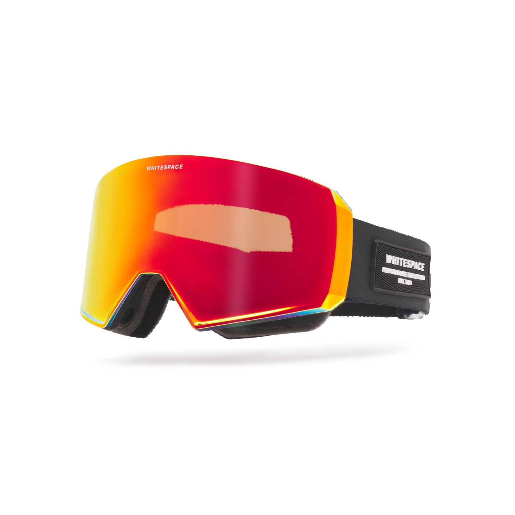 Ski goggles with red and orange lens and black strap showing brand logo on a white background.