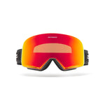 Ski goggles with red and orange lens and black strap showing brand logo from a frontal view on a white background.