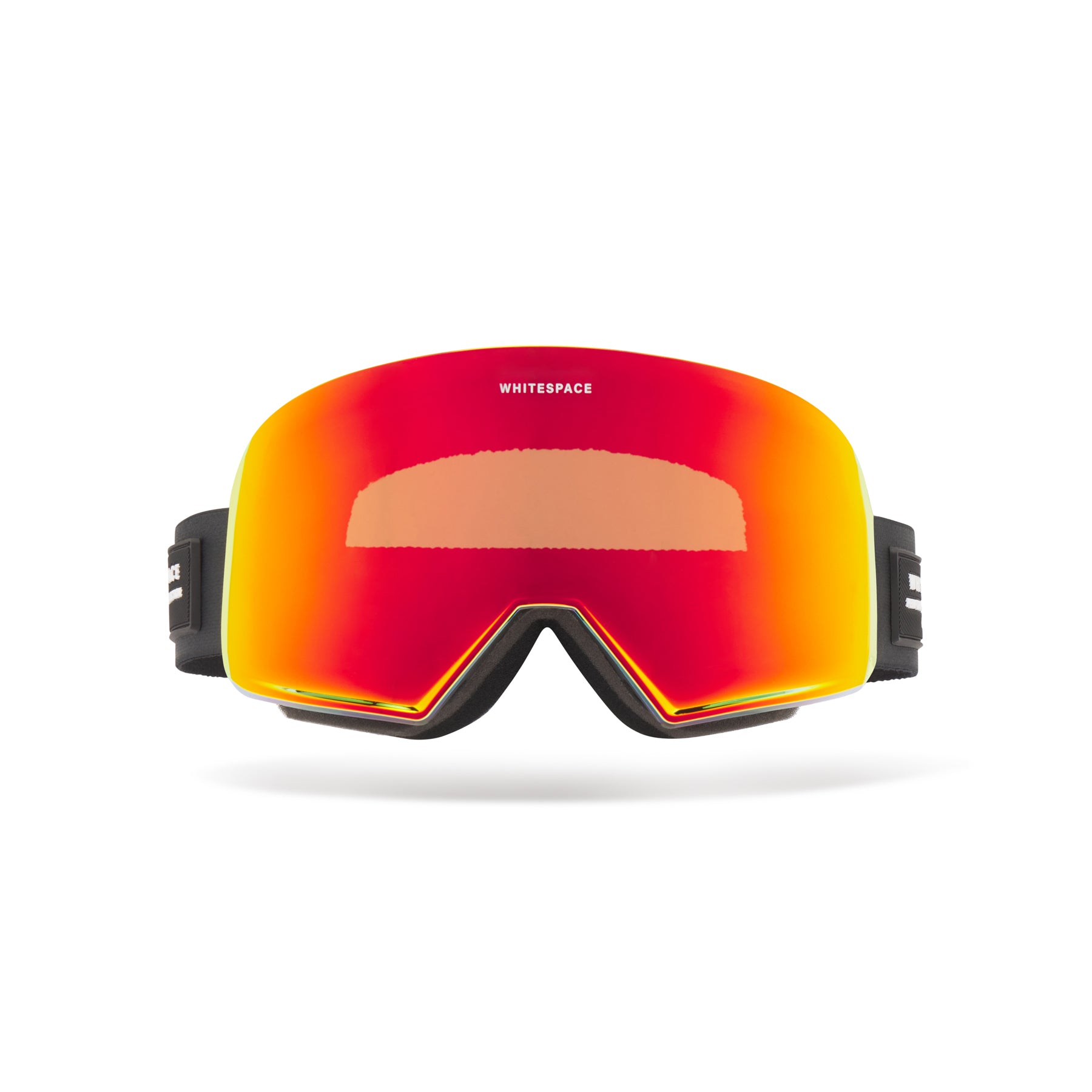 Ski goggles with red and orange lens and black strap showing brand logo from a frontal view on a white background.
