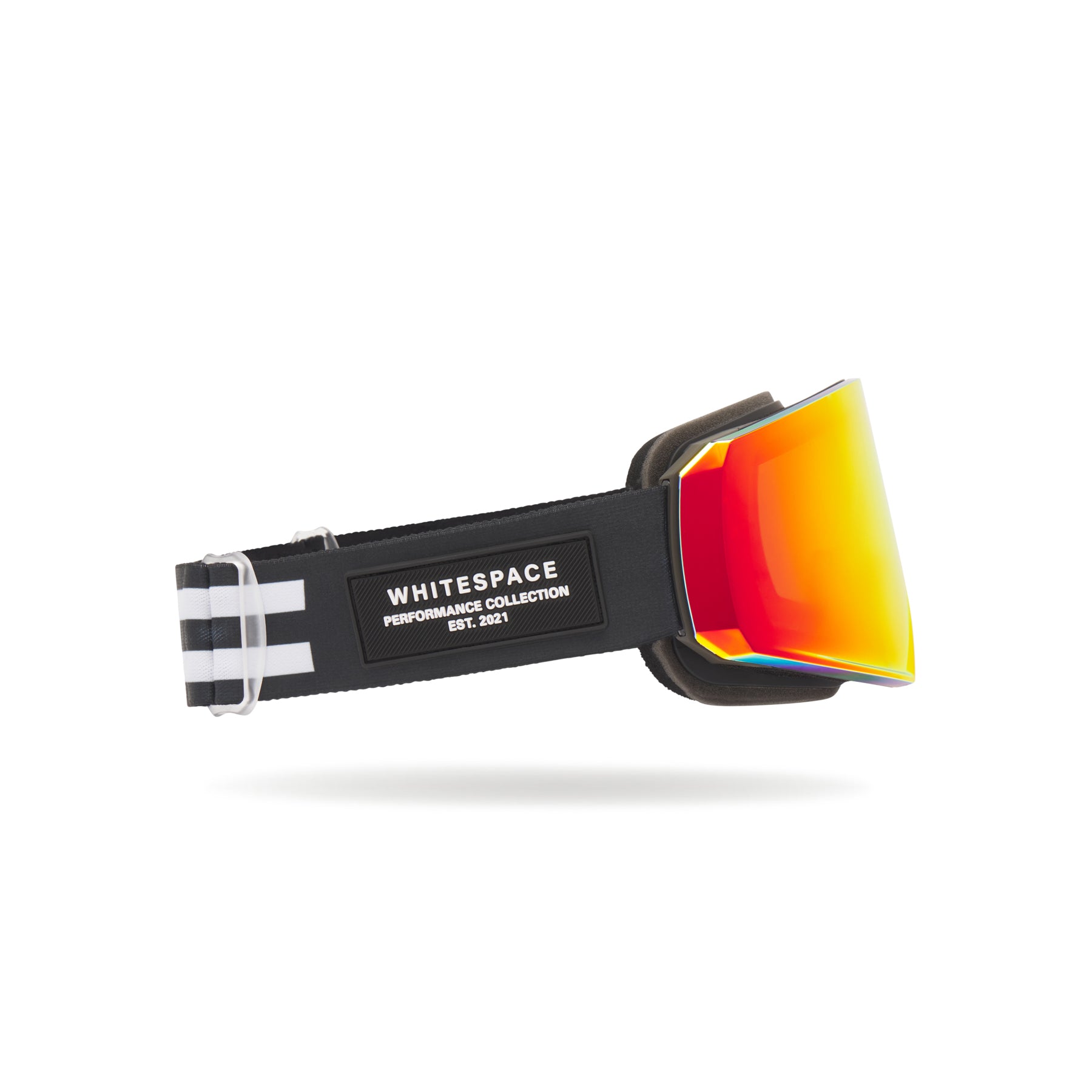 Ski goggles with red and orange lens and black strap showing brand logo on a white background.