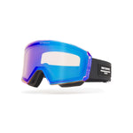 Ski goggles with blue lens and black strap showing brand logo on a white background.